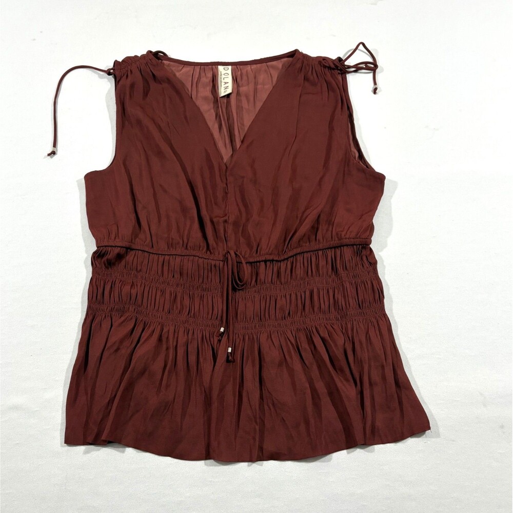 Dolan Blouse Women Red Cottage Smocked Peplum Ruffle V-Neck Sleeveless Sz S